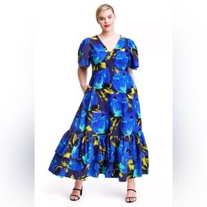 Christopher John Rogers Vibrant Blue and Yellow Maxi Dress